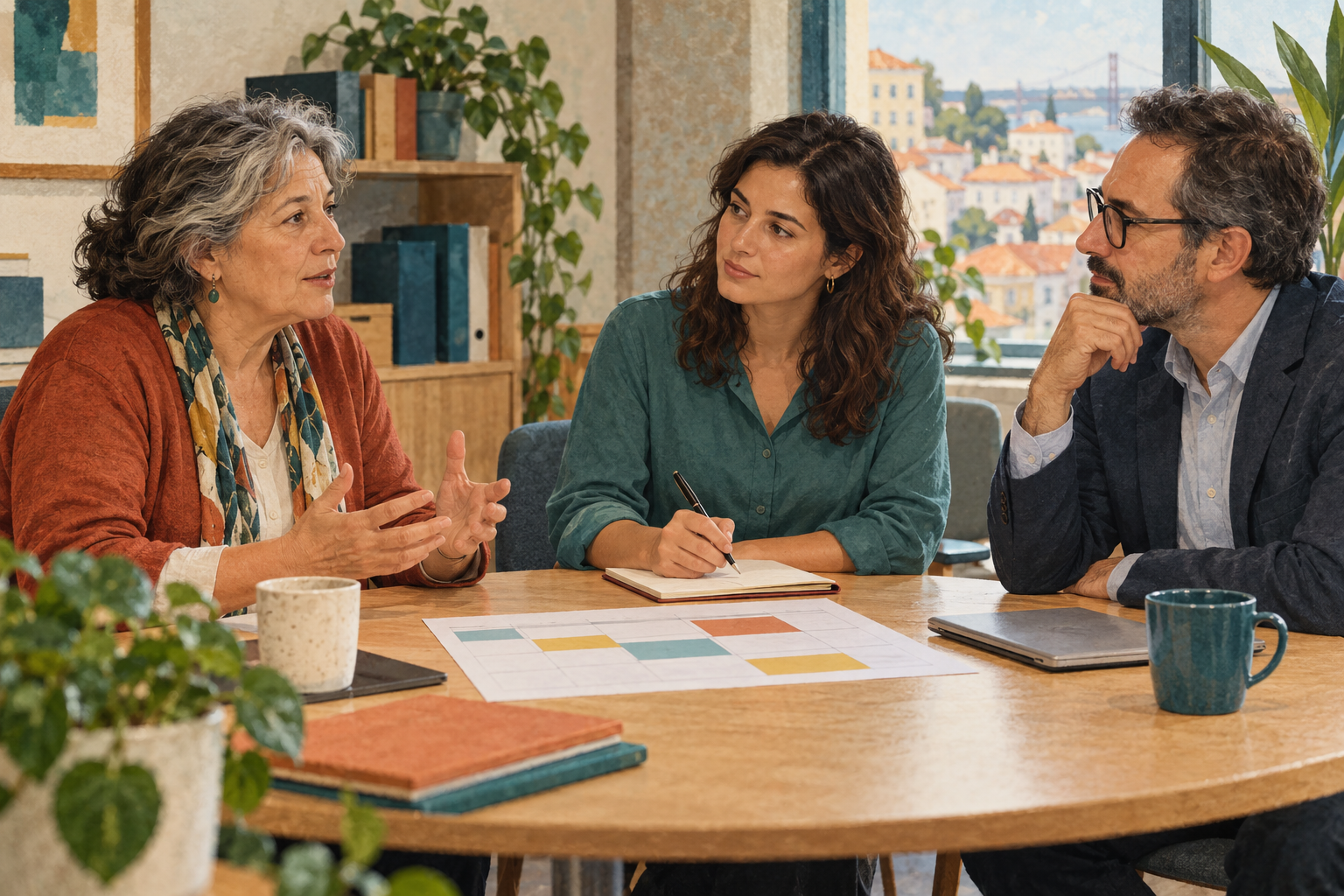 Uma trabalhadora experiente conversa com a responsável pelo bem-estar e um gestor, sentados à mesma mesa.