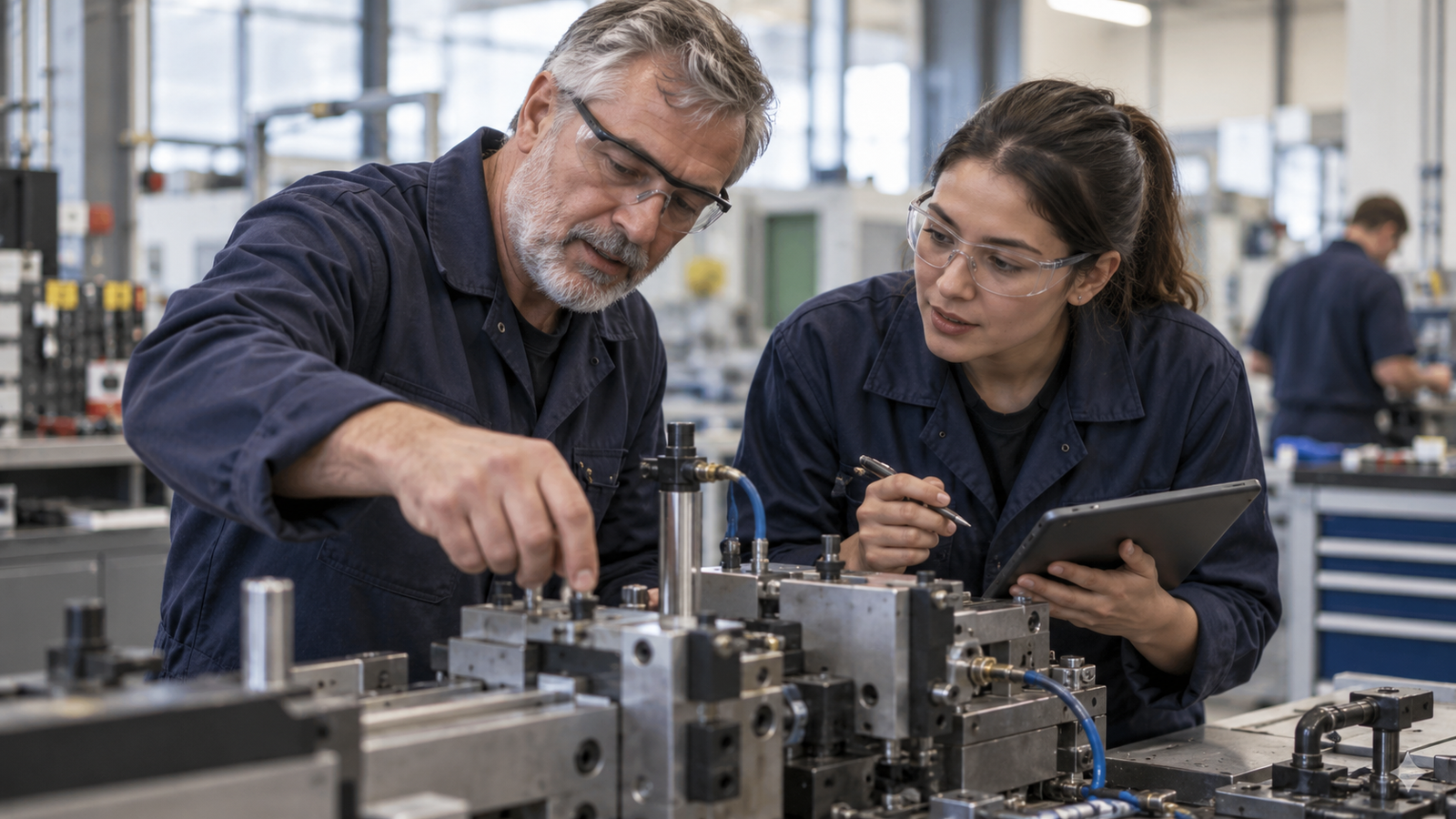 Profissional experiente acompanha uma colega mais jovem diante de equipamento industrial, numa sessão prática de mentoria