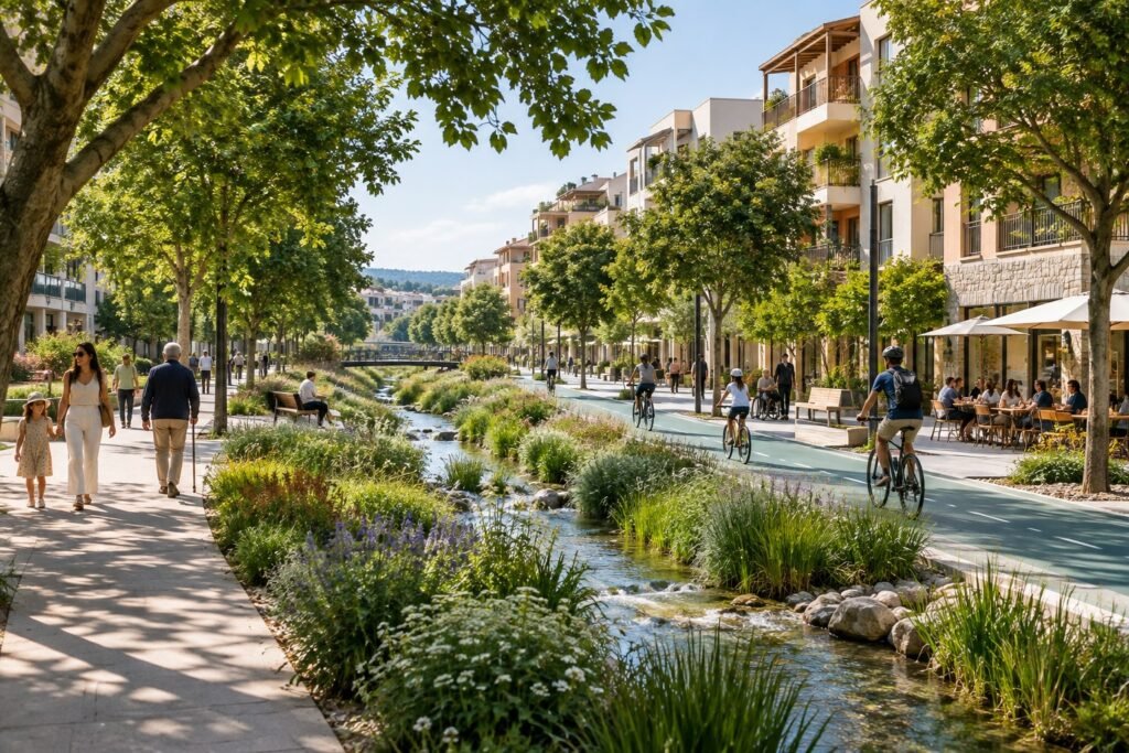 Bairro regenerativo com árvores maduras, ciclovia, pessoas a caminhar e corredor de água ladeado por vegetação.