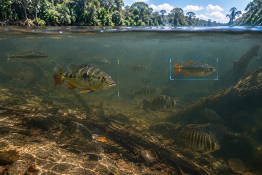 Peixes amazónicos no rio Xingu observados por uma câmara subaquática com marcações discretas de visão computacional