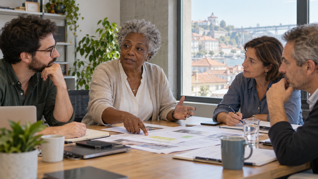 Mulher negra de cabelo grisalho conduz uma conversa de trabalho com três colegas à volta de uma mesa.