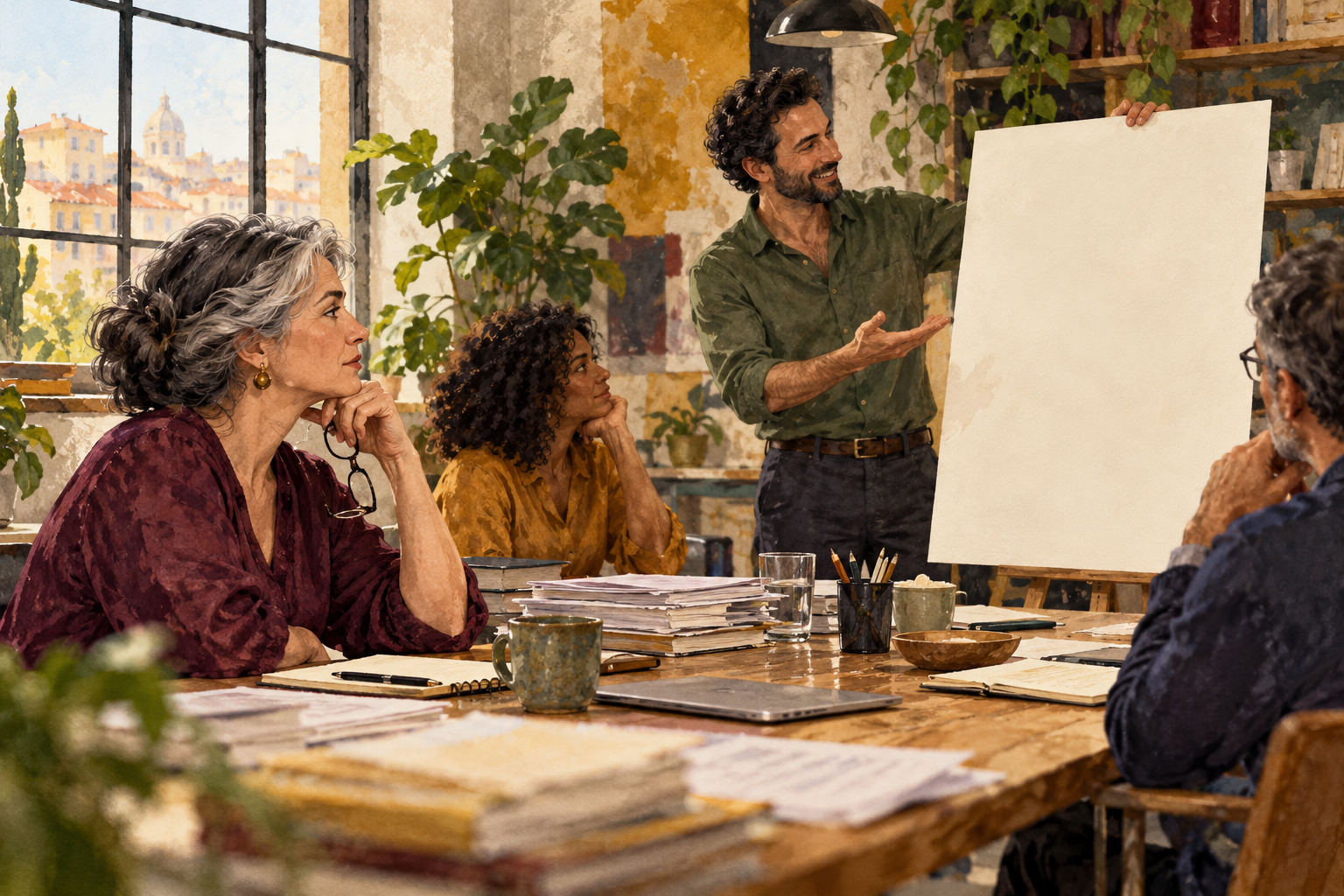 Ilustração de uma profissional de cabelos grisalhos numa reunião, observando um colega que apresenta um quadro vazio.