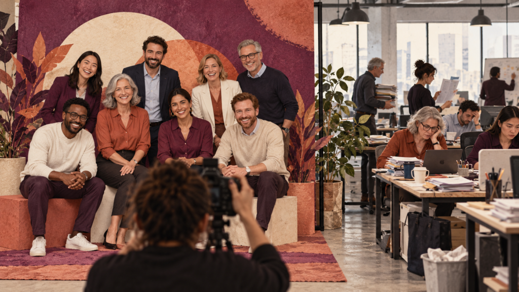 Ilustração de uma fotografia de equipa preparada para divulgação, com o escritório visível para lá do enquadramento.